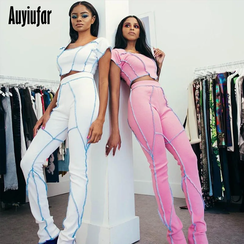 

Auyiufar 2 Piece Sets Women Solid Striped Short Sleeve Crop Tops and Long Pants Suits Fashion Bodycon Sets Female's Matching Set
