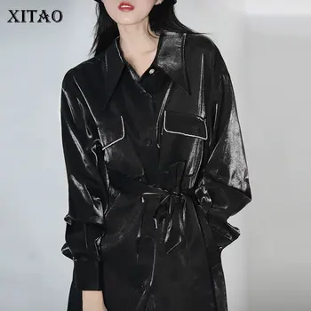 

XITAO French Style Single-breasted Woman Dress Loose Long Sleeve Wild Elegant Turn Down Collar Dress for Women Fashion ZY1061