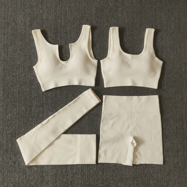 2/4/6PCS Seamless Women Yoga Set Workout Sportswear Fitness Bra Sport Pants Gym Clothing High Waist Leggings Shorts Sports Suits 4pcsWhite