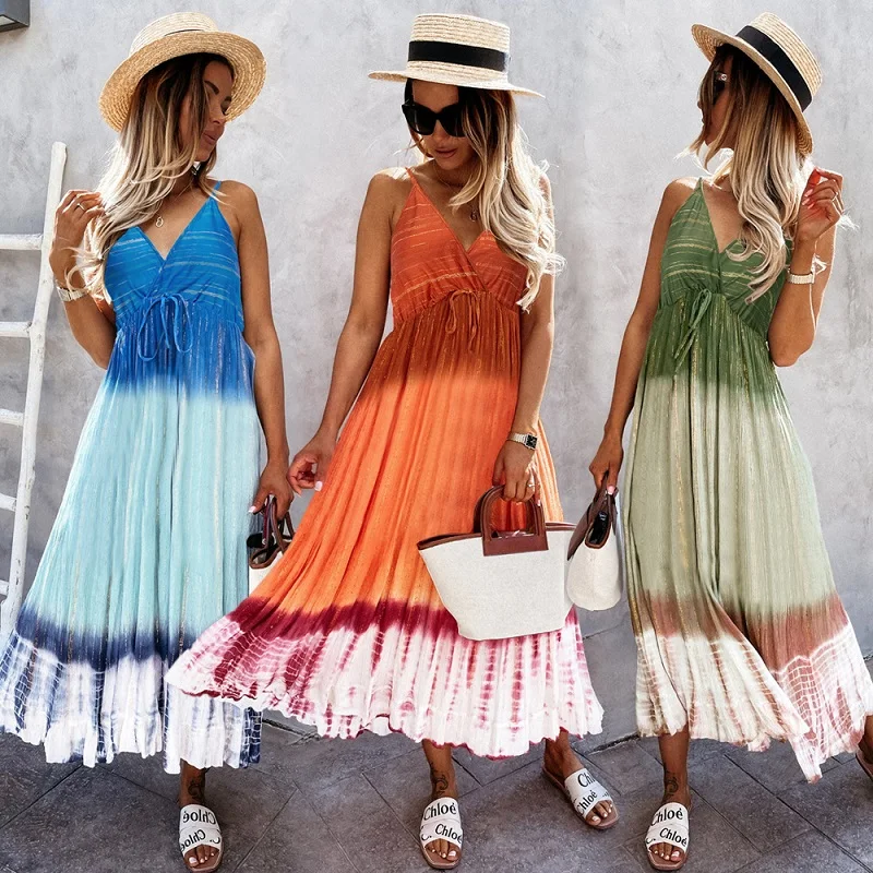 

Women's Summer Dress Floral Print Sleeveless Adjustable Spaghetti Strap Tie Dye Beach Long Dresses Size S-XXL