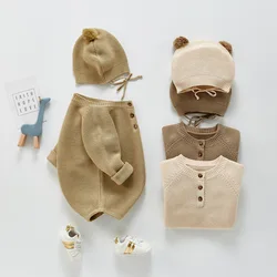 Ensemble 2 pièces pour bébé garçon et fille, barboteuse + chapeau, manches longues, tricoté, vêtements de printemps et d'automne 
