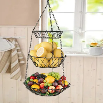 

Living Room Iron Country Style 3 Tier Multipurpose Chain Hanging Plants Vegetable Space Saving Fruit Basket Pierced Food Storage