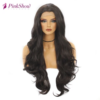 

Pinkshow Dark Brown Wig Long Wavy Synthetic Lace Front Wig For Women Heat Resistant Fiber Daily Wigs 26 inches