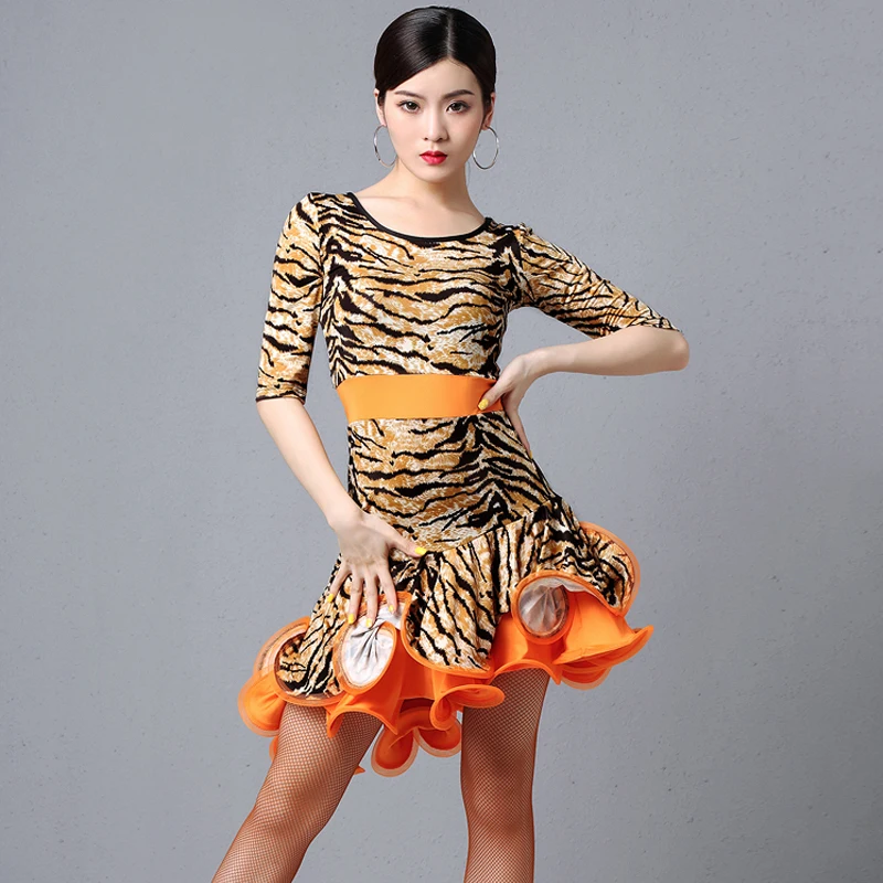 Профессиональное латинское танцевальное платье женская сексуальная леопардовая рыбья кость юбка бальное платье латина американская одежда тренировочные платья DL4405