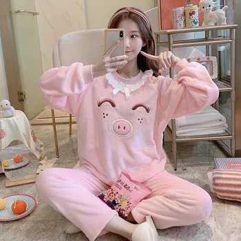 

Pajamas Women Autumn/winter Thickened Flannel Home Clothes Cute Cartoon Round Neck Pullover Long Sleeve Trousers Two-piece Suit