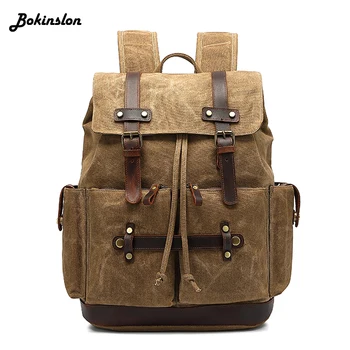 

Bokinslon Large Capacity Casual Waterproof Oil Wax Canvas Men Bag Fashion Backpack Men Travel Backpack