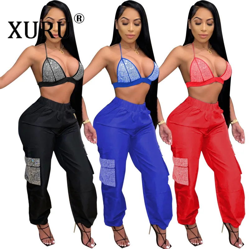 

XURU autumn and winter new tube top hot diamond jumpsuit two-piece sexy women's suspender jumpsuit