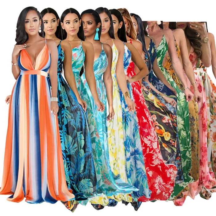 

Deep V-neck Strappy-backless Floral Chiffon Maxi Dress Leaf Printing Women Bohemian Vocation Beach Dress Plus Size Vestidos 2019