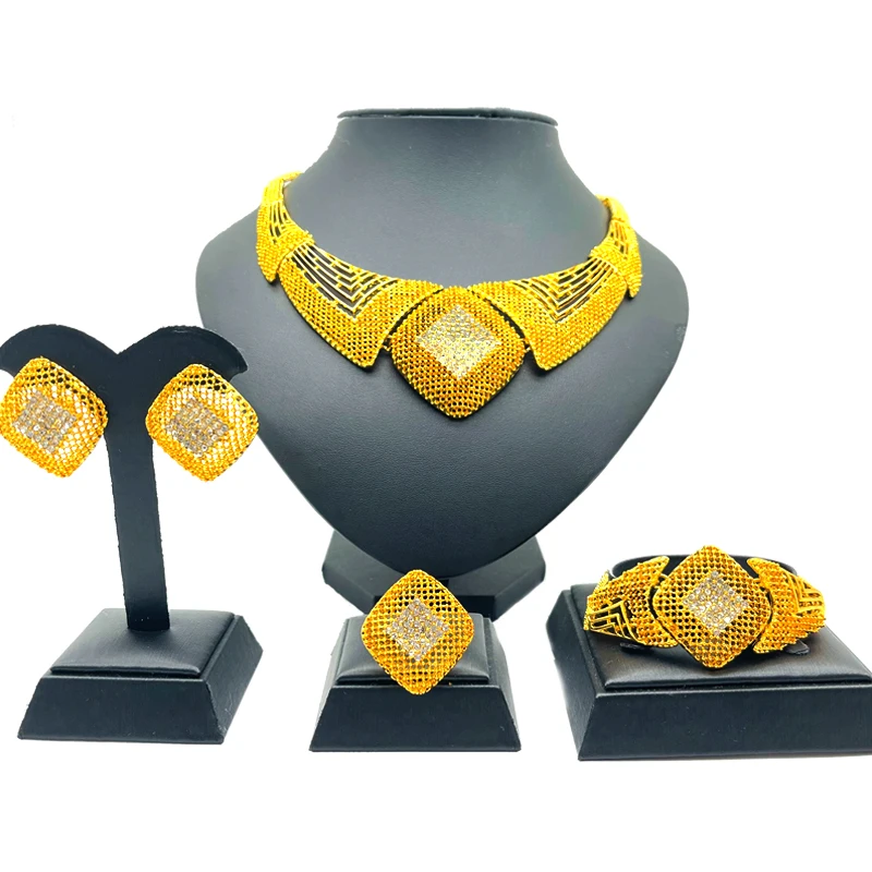 

Dubai Gold color Earrings rings bracelet Necklace Jewelry sets Wholesale bridal wedding gifts jewellery collares set for women
