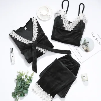 

Sexy Casual Velvet Long Sleeve Warm 3PCS Women Pijamas Suit Nightwear Strap Top&pants Women Lounge Softy Home Wear Sleepwear
