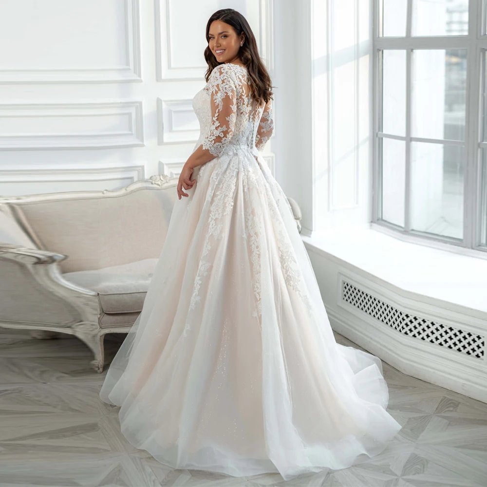Jiayigong 3/4 Sleeves Wedding Dress Customized Scoop Neck Lace Applique Vestido De Noiva  Dresses Plus Size Bridal Gown 2