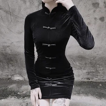 

Dark retro disc button improved long-sleeved cheongsam girl Goth was thin zipper dress autumn dress