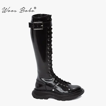 

Platform Long Martin boots women Cross strap Knee boots women 2019 Fashion Autumn/Winter street style women Knight boots