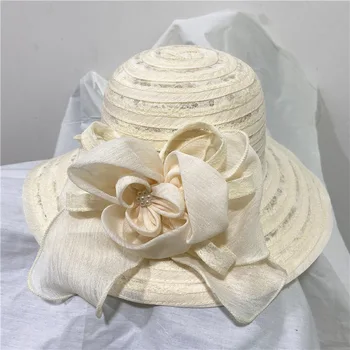 

European Lace Flower Sun Cap Elegant Ladies Foldable Travel Beach Cap 2020 Breathable Pink White Black Summer Floral Bucket Hat