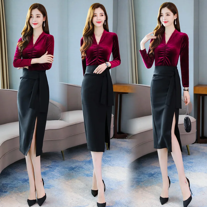 

Autumn Clothing 2019 New Style Women's Elegant Feminine Gold Velvet Dress Mid-length Slimming Dress Outfit Two-Piece Set