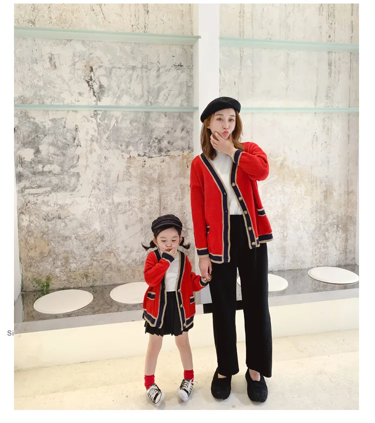 New England collage style spring fashion long-sleeved parenthood Sweater Cardigan both for MOM and girls