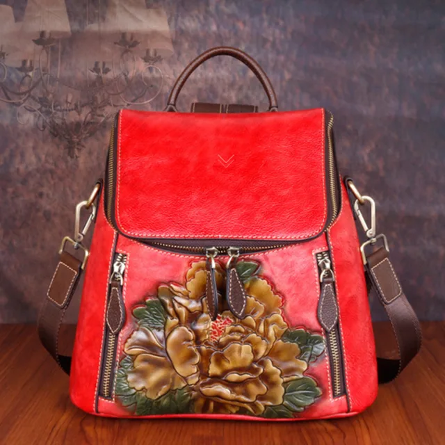 Genuine Cowhide Leather Women Bag Retro Floral High Quality Luxury Backpack For Female 2022 New Large