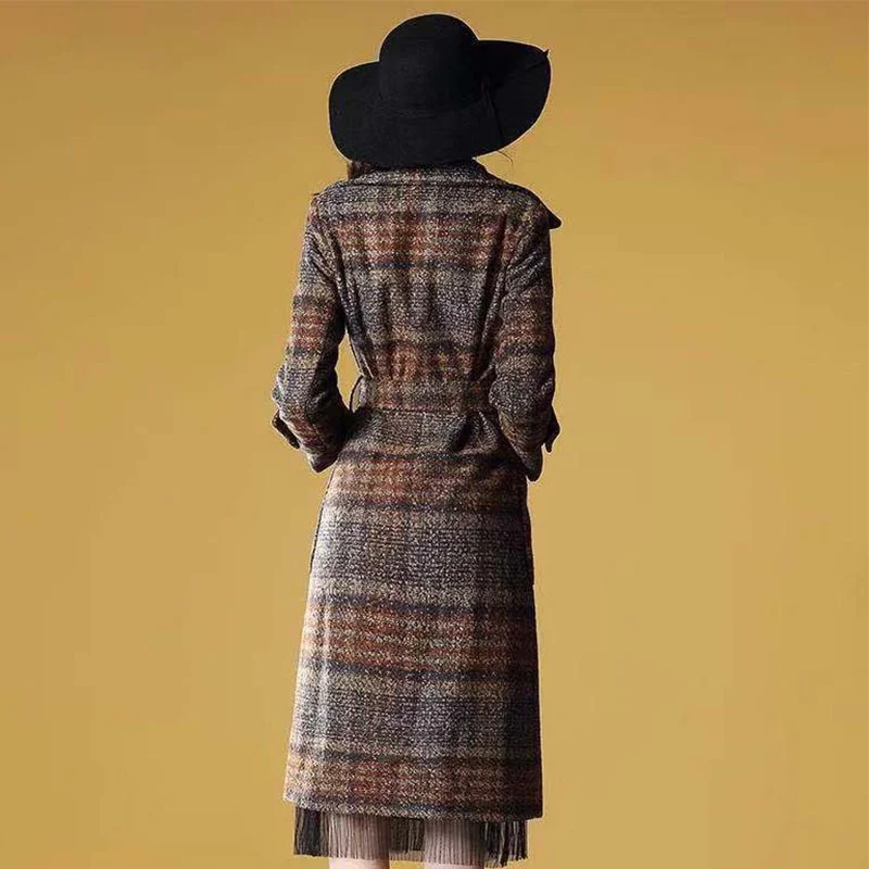 

Style British Women Long Woolen Blends Coat Vintage Plaid Eleagnt Belted Slim Fit Wool Trench Office Ladies Windbreaker Outwear