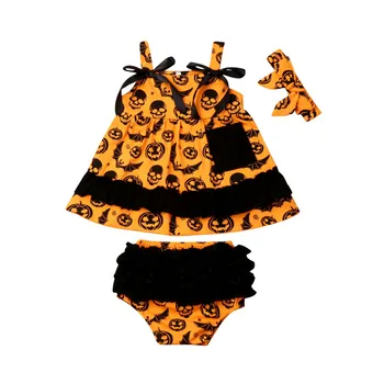 

2019 Toddler Baby Girl Pumpkin Dress Tops+Shorts Newborn Halloween Outfit Clothes