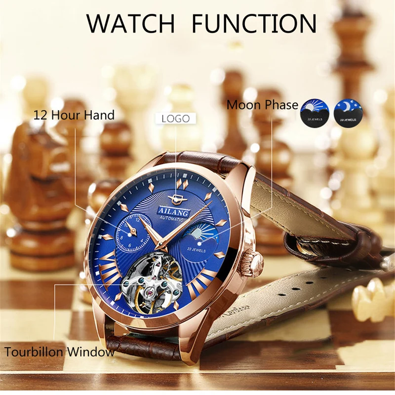 AILANG Top  Luxury Moon Phase Skeleton Tourbillon  Men Automatic Mechanical Male Wrist_voghion.com