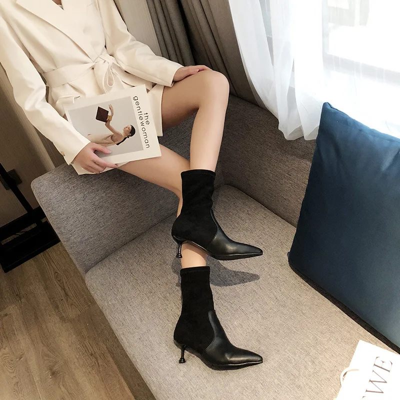 elegant ladies pointed toe leather patchwork winter boots slip on kitten high heels flock med-calf boots stretch sock botines y2