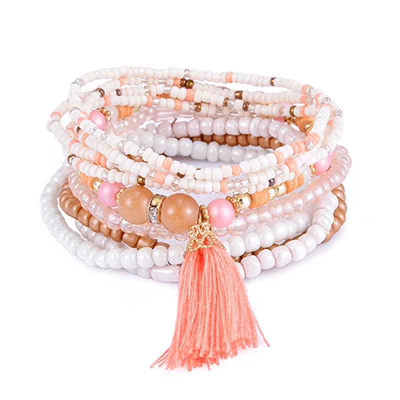 Bohemia Tassel Charm Beads Bracelets For Women Boho Candy Color Multilayer Wrap Bracelet Set Wristband Jewelry pulseira feminina
