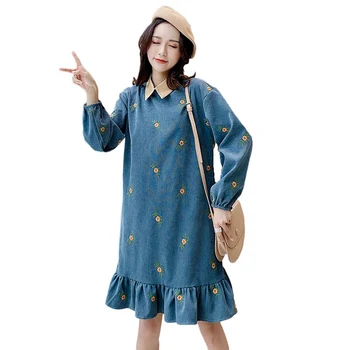 

Maternity wear new autumn Korean version of the lapel corduroy embroidered dress Korean fashion pregnancy skirt