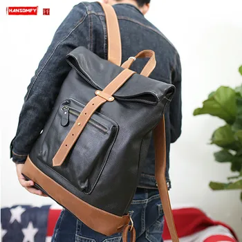 

Handmade Vintage Leather Men's Backpack Tide Men Real Leather Large Capacity Computer Travel Bag Male School Backpacks Original