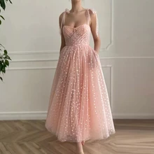 

Sweet Pink Evening Dress 2021 A-Line Tea-Length Spaghetti Straps Sweetheart Zipper Sleeveless Party Prom Gown With Bow Backless