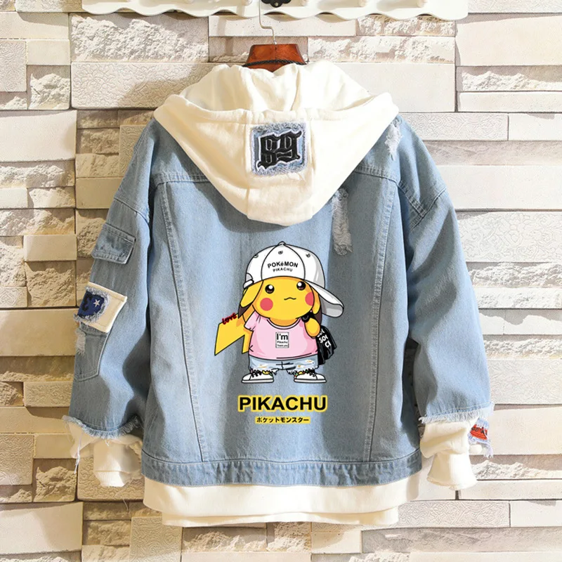 2 Harajuku куртки wo мужские Пикачу Харадзюку Мужская осенняя одежда Ковбойское пальто мультяшная джинсовая куртка женская укороченная куртка уличная одежда - Цвет: 2
