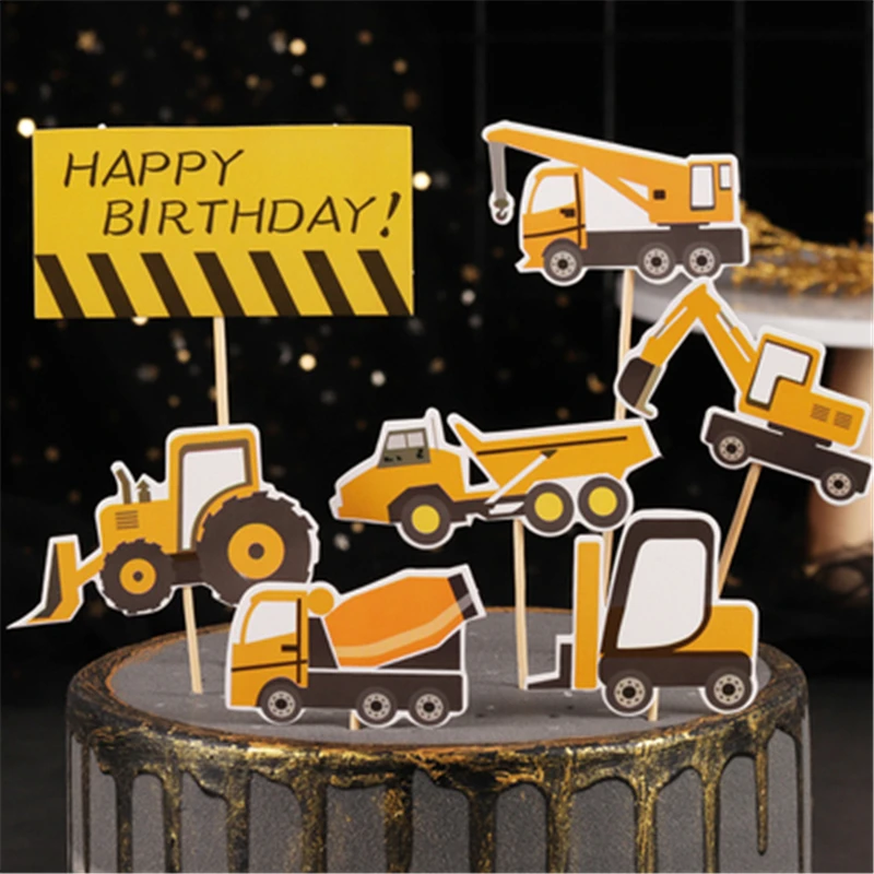 Excavator Fire Fighting Truck Birthday Party Decorations Kid Cupcake Cake Topper for Girl Boy Happy Birthday Party Cake Supplies