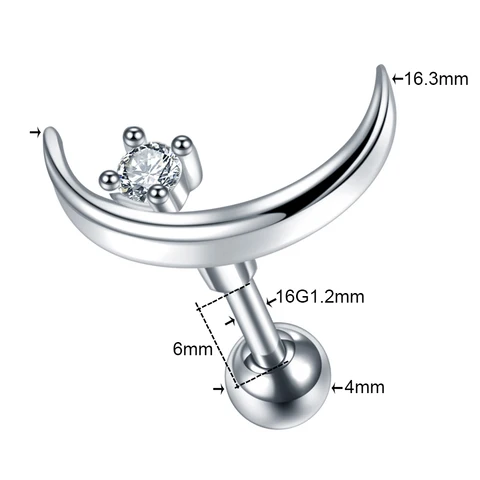 16G CZ Gem Cartilage Stud Moon Star Heart Cross Flower Crown Helix Tragus Piercings Conch Rook Stud Earring Piercing Jewelry