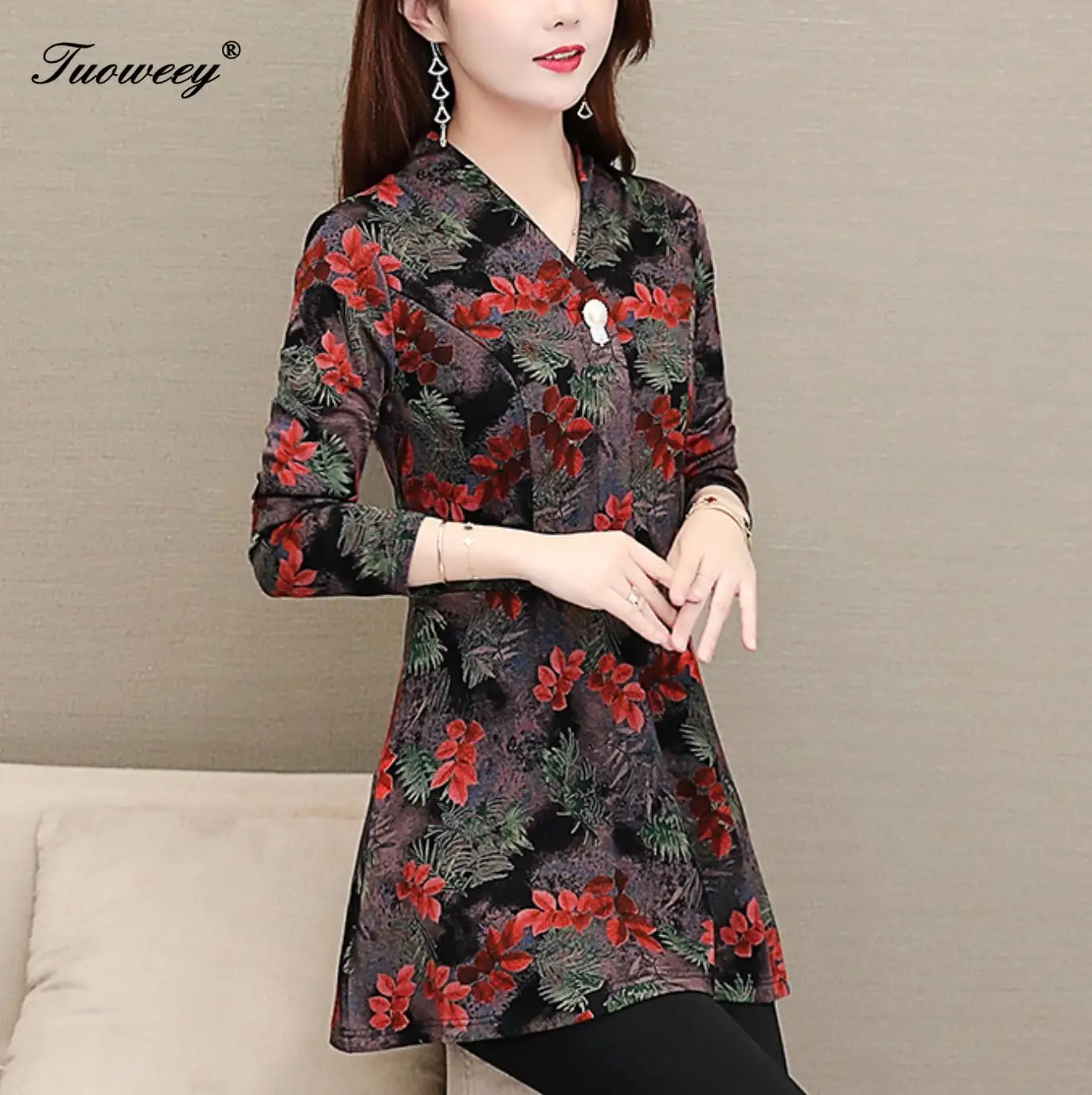

2020 Spring flower Women's V-neck elegant plus size Mesh Blouse Long Sleeve loose Shining 5XL Shirt Fashion Women Tops