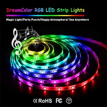 

Dream Color LED Strip Lights Sync to Music, 16.4ft RGB 5050SMD Waterproof Flexible String Light - Built-in IC, 150LEDs Chase