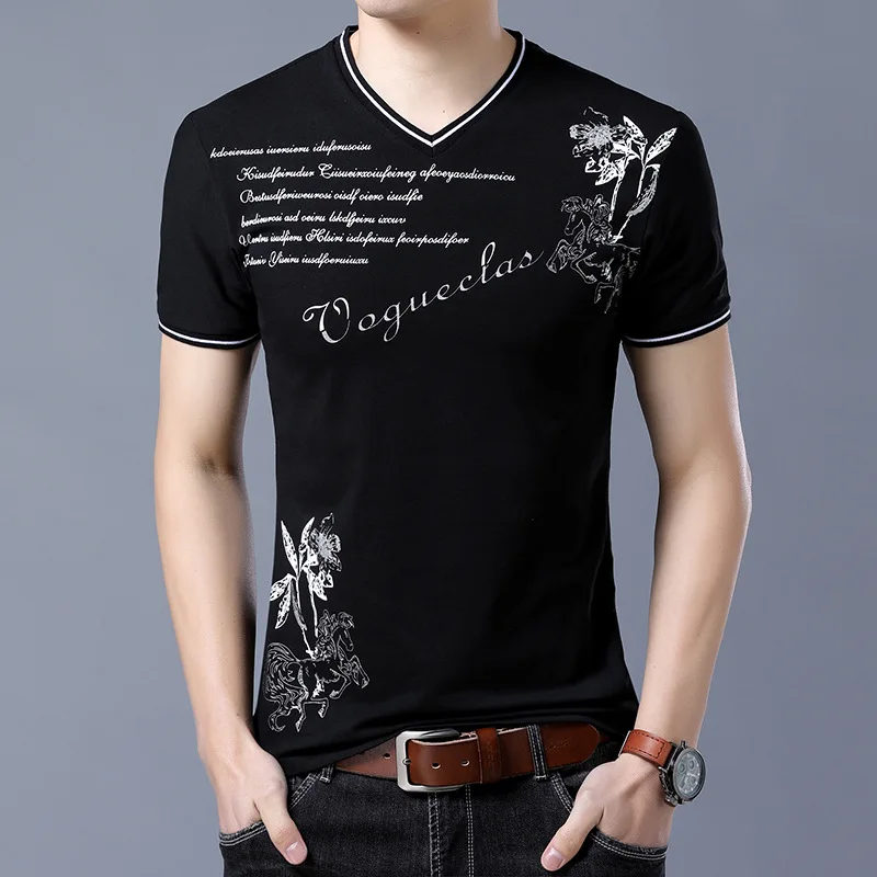 

Summer new t-Shirt men cotton short sleeves Casual male V Neck Prints tops tees