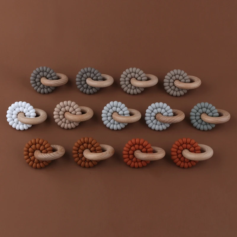 Food Grade Silicone Beads Baby Teether Beech Wood Ring Teething Newborn Bracelet Play Gym Montessori Baby Toys