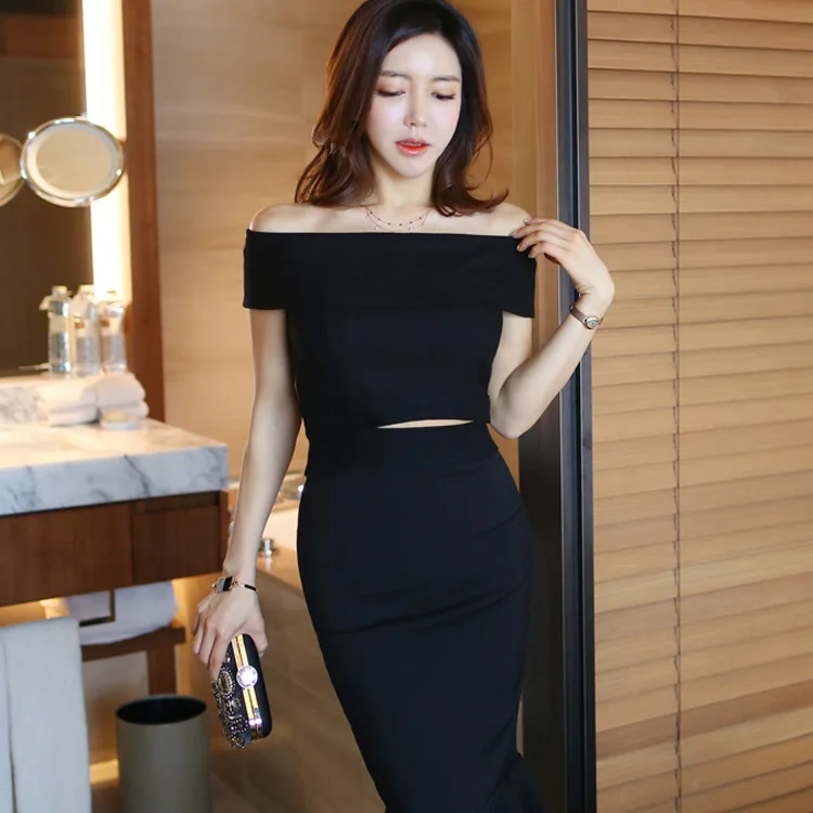 

Formal Dress 2019 Summer Wear New Style Korean-style Slim Fit Two-Piece Set Horizontal Neck Tops Fashion Fishtail Skirt WOMEN'S