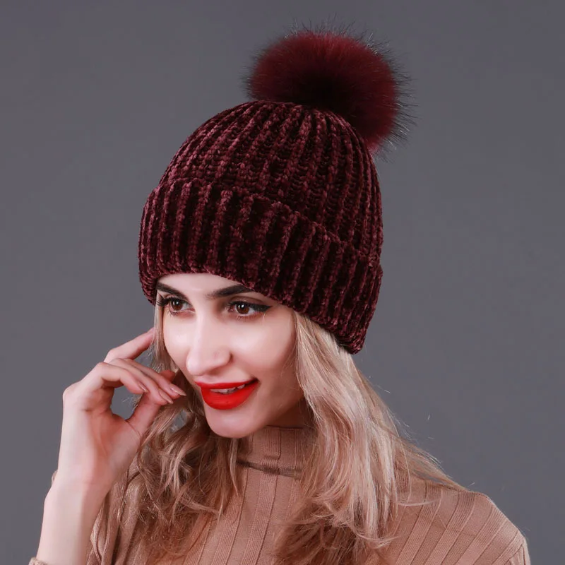 Зимние женские вязанные шапочки Skullies Beanies повседневные искусственный помпон из меха енота толстые мягкие теплые лыжные Шапки женская шапка