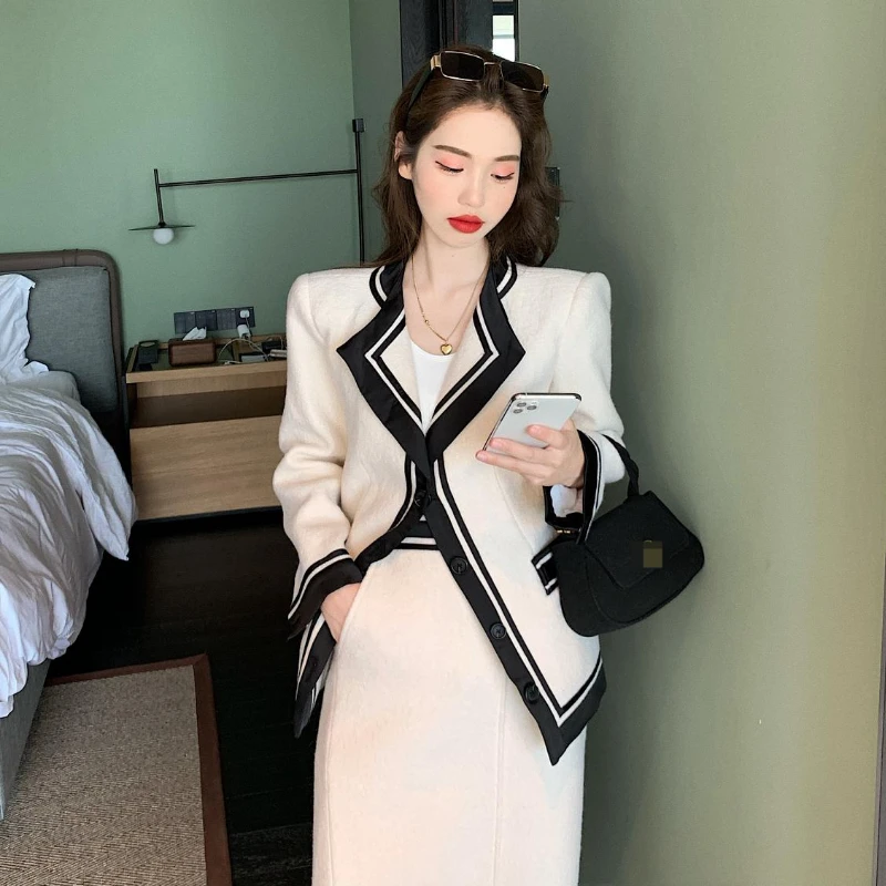 Autumn And Winter White Elegant Woman's Office Suit Vintage Woolen Coat High Waist Skirt Two Piece Set Blazer Female Outfit