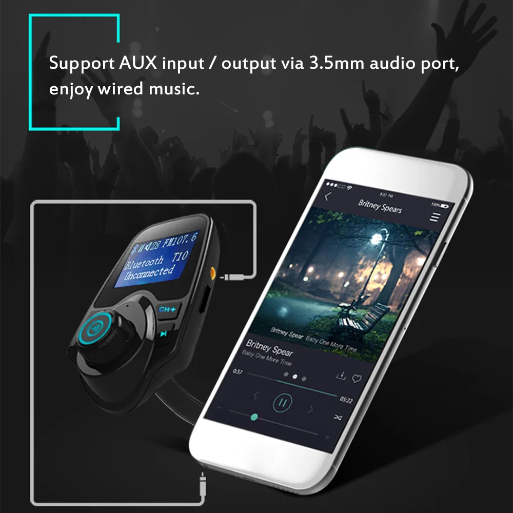T10 Bluetooth Автомобильный MP3-плеер комплект fm-передатчик стерео аудио плеер Музыкальный плеер TF слот для карт AUX-IN USB с функцией зарядки автомобиля