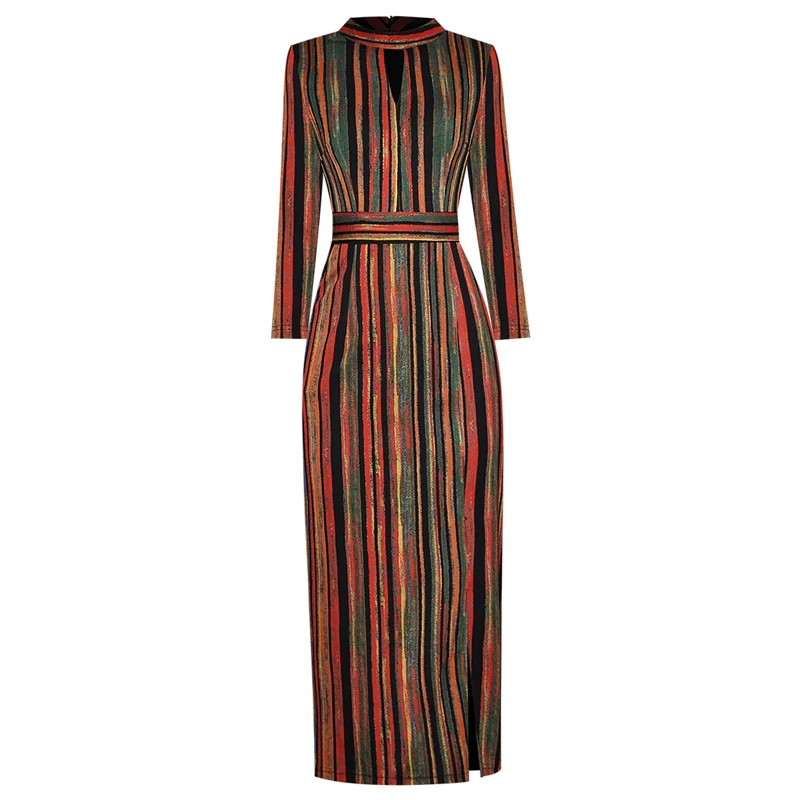 SEQINYY Indie Folk Dress 2020 Autumn Winter New Fashion Design Women Vintage Print Stripes High Quality Sheath Midi Length Split