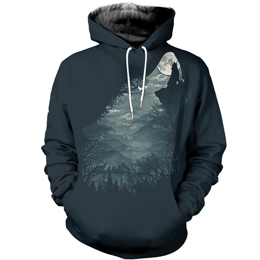 

KISSQIQI Men Hoodie Sweatshirt 3D Printed Funny Men's Hoodie Creative Trend Wild Wolf Hoodie Maximum Size 5XL