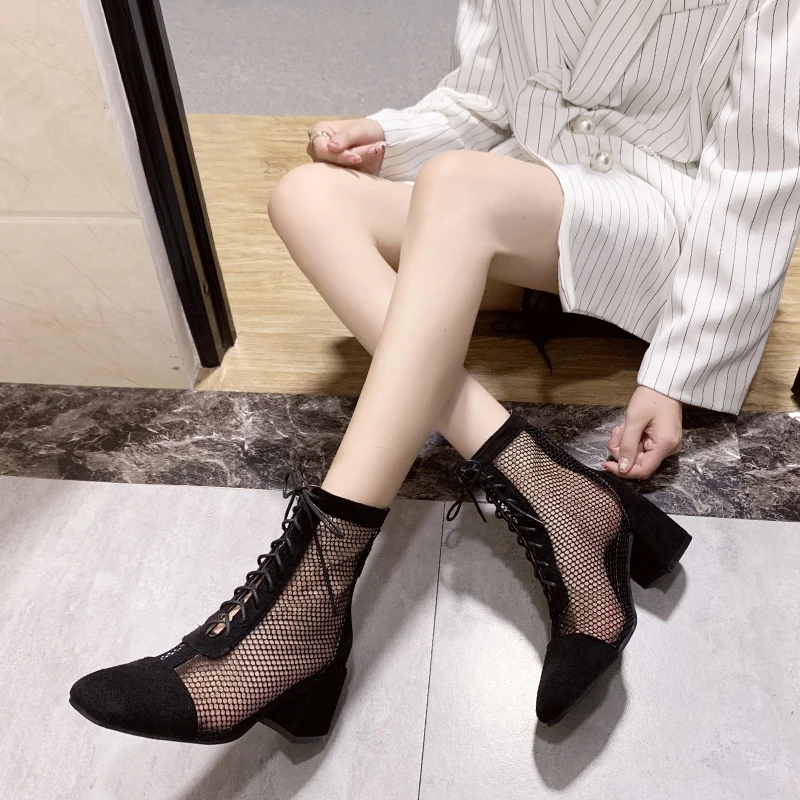 

New Women Mesh Boots Leather Ankle Boots Lace Summer Thick Heels Boots Zapatos Chaussures Femme Square High Heel Women Shoes