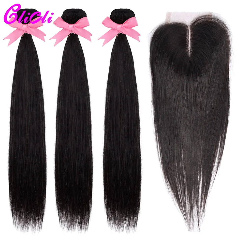 Natural Color Бразильские пряди волос с закрытием прямые человеческие волосы remy 3 пряди 4x4 швейцарские прозрачные кружевные 150% Плотность средняя часть - Цвет: Natural Color