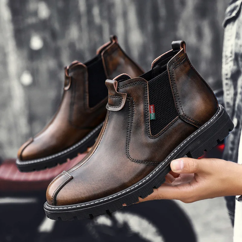 

Winter plus Velvet Warm Chelsea Boots Men's Slip-on Martin Boots Mid-top British Style Retro Foot Covering MEN'S SHOES Cotton-pa