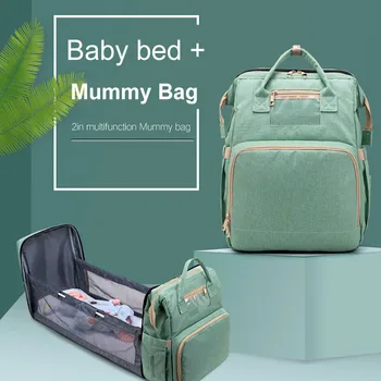 

2 in1 Multifunctional Diaper Bag Backpack Travel Portable Large Capacity Shoulder Mommy Folding Crib Bags Waterproof Pack
