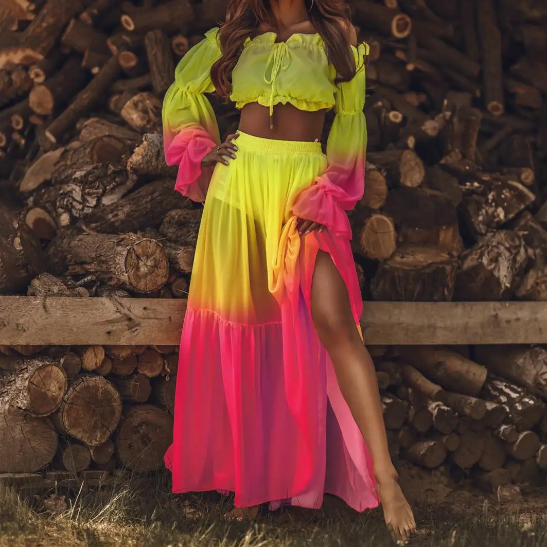 Women's Two-Piece Cover-ups Sets Gradient Color Beach Dress Boho Off Shoulder Long Sleeve Tie-Up Crop Tops+Maxi Ruffles Skirt