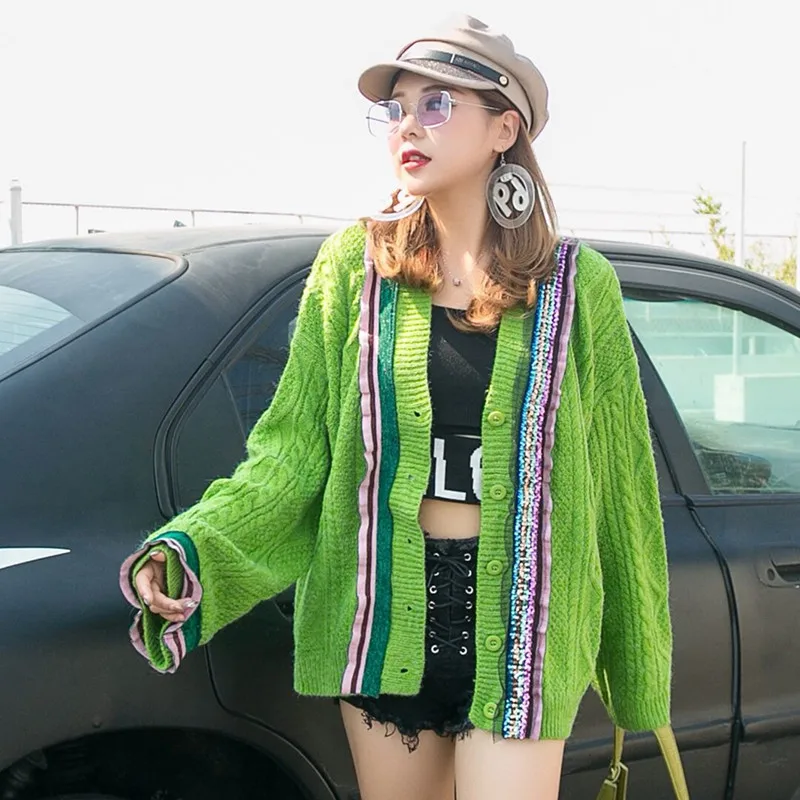 Женский уличный кардиган свободный шикарный свитер зеленого цвета с ушками