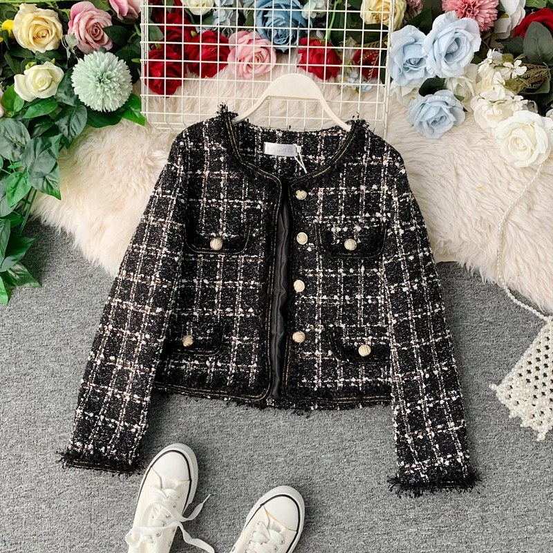 New Autumn Winter Vintage Tweed Jacket Coat Women Small Fragrance Patchwork Korean Woollen Cropped Coats Elegant Short Outerwear