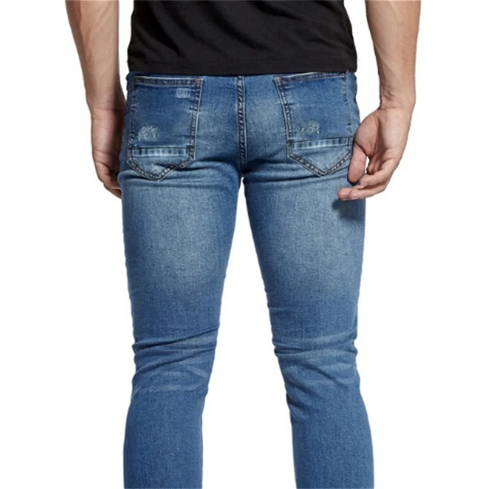 EH·MD® Ligament High Stretch Jeans Men's Tight-fitting Washed Holes Blue Feet Pure Cotton Black Pleated Decoration Cat Whisks